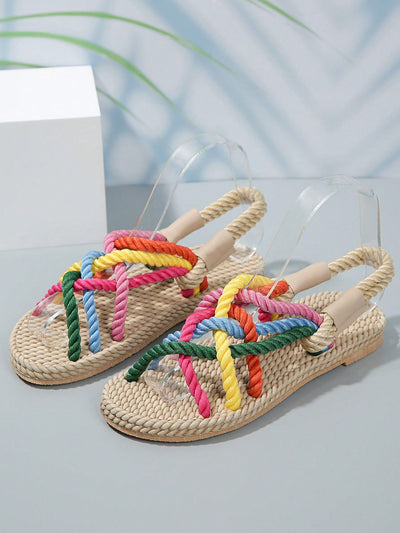 Multicolor Rainbow Flat Summer Sandals: Stylish Mule Style with Weaved Bottom for Comfort and Easy Slip-On Wrap Toe