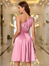 Elegant Asymmetrical Neck Embroidered Beaded Tulle Cocktail Dress