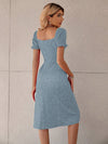 Polka Dot Perfection: Tie-Front Puff Sleeve Dress with Ruched Bust and Flirty Slit Hem