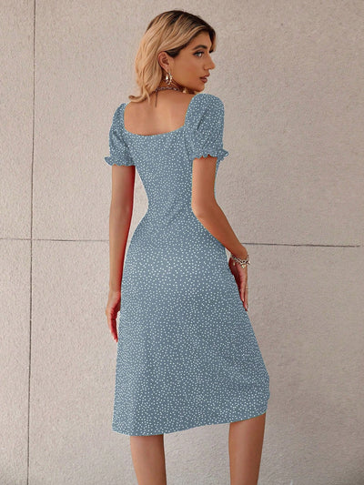 Polka Dot Perfection: Tie-Front Puff Sleeve Dress with Ruched Bust and Flirty Slit Hem