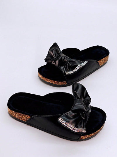 Black Bow Knot Diamond Studded Slide Sandals: Trendy Flats for Beach Vacation