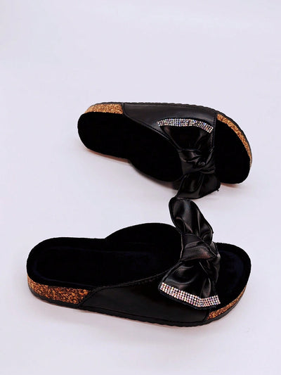 Black Bow Knot Diamond Studded Slide Sandals: Trendy Flats for Beach Vacation