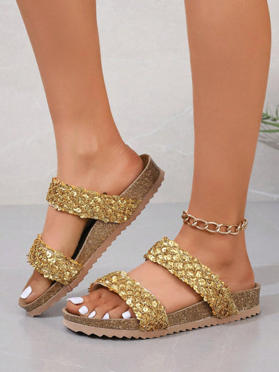 Golden Glamour: Women's Flat Sandals for Chic Outdoor Activities