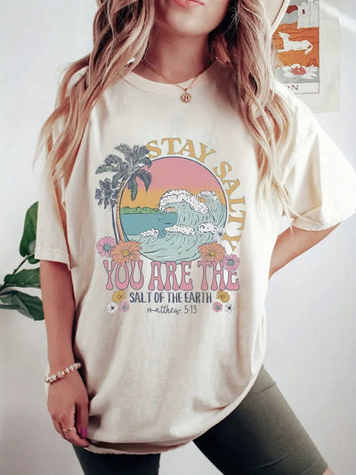 Tropical Vibes: Women's Summer Palm Tree Slogan Print T-Shirt