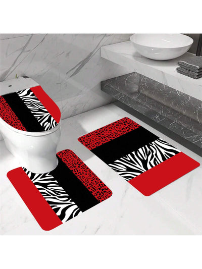 Chic Leopard Print Shower Curtain Set – Black & White with Red Stripes | Stylish Bathroom Decor