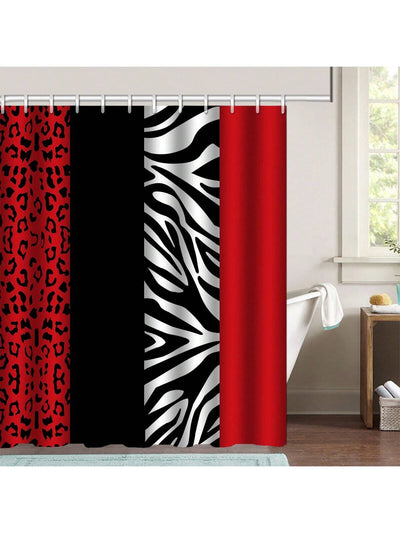 Chic Leopard Print Shower Curtain Set – Black & White with Red Stripes | Stylish Bathroom Decor