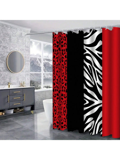 Chic Leopard Print Shower Curtain Set – Black & White with Red Stripes | Stylish Bathroom Decor