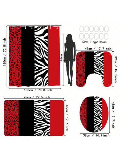 Chic Leopard Print Shower Curtain Set – Black & White with Red Stripes | Stylish Bathroom Decor