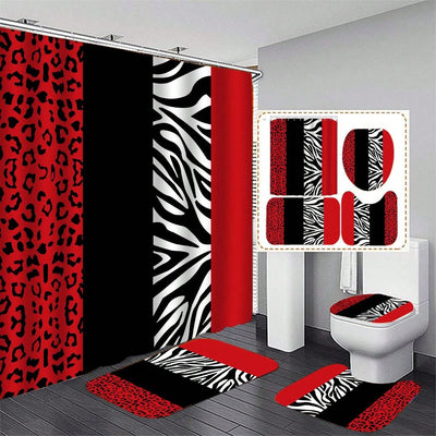 Chic Leopard Print Shower Curtain Set – Black & White with Red Stripes | Stylish Bathroom Decor