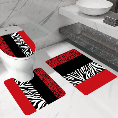 Chic Leopard Print Shower Curtain Set – Black & White with Red Stripes | Stylish Bathroom Decor