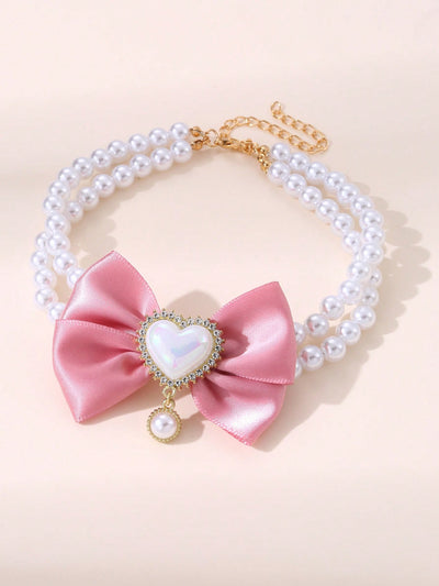 Pet Jewelry: Heart Butterfly Pendant Pearl Necklace for Small and Medium Sized Pets