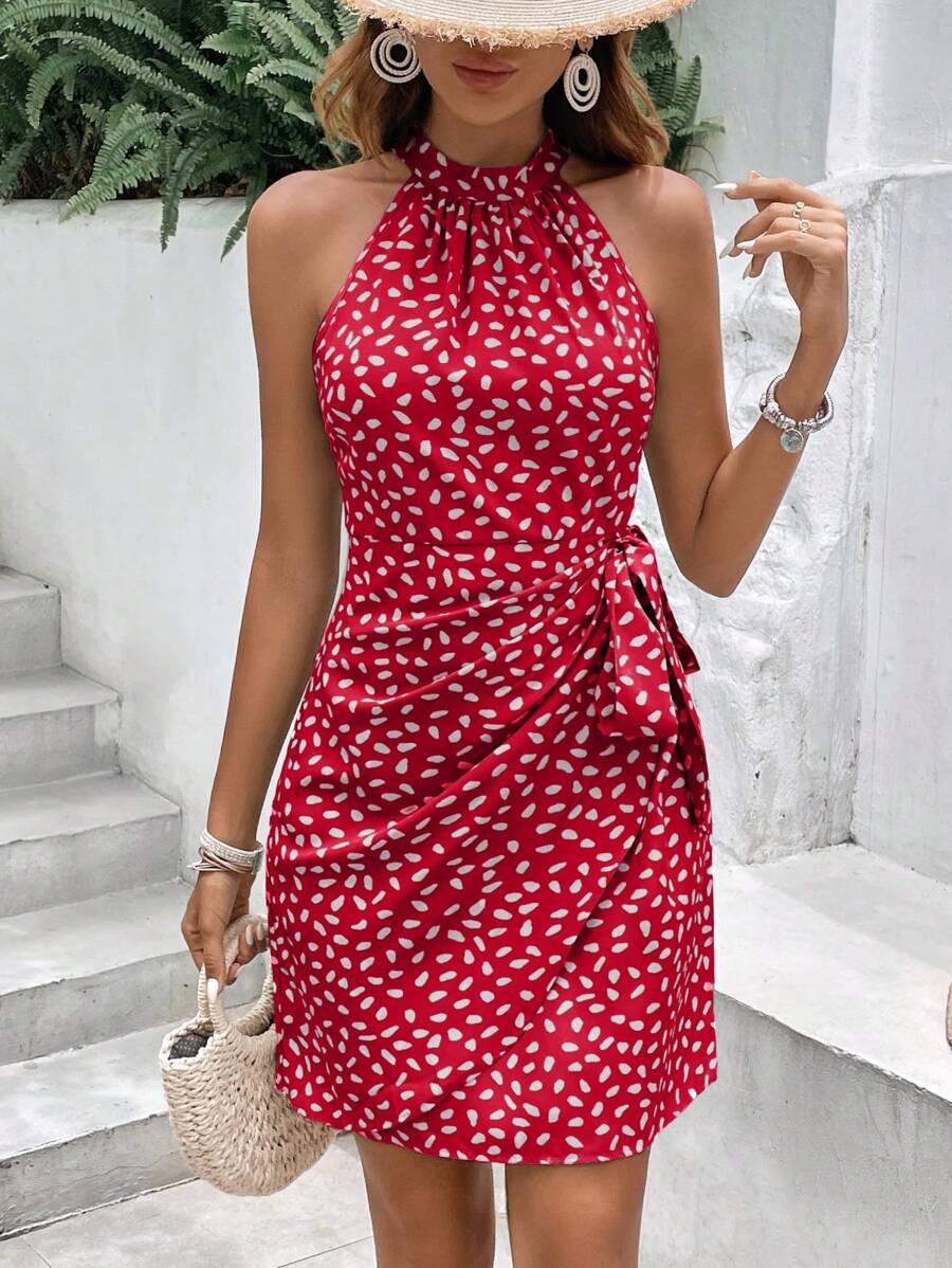 Red coral halter mini dress with white abstract spot print