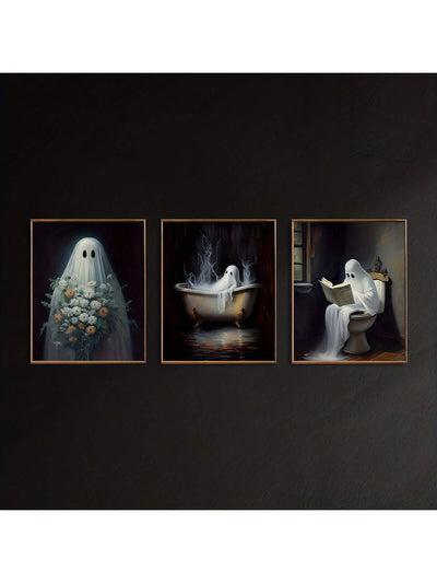 Spooky Halloween Canvas Poster Set - Retro Ghostly Decor for Bedroom Walls