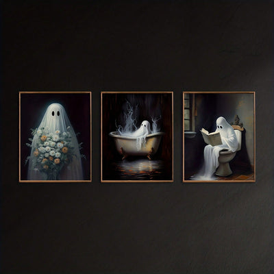 Spooky Halloween Canvas Poster Set - Retro Ghostly Decor for Bedroom Walls