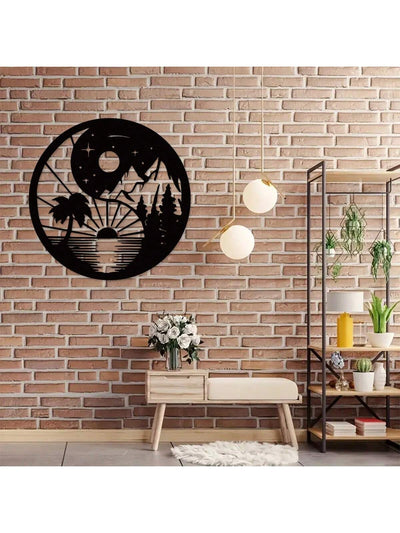 Celestial Harmony Metal Wall Art - Yin Yang Sun Moon Mountain Nature Home Decor