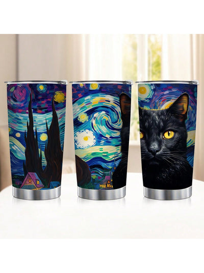 Starry Sky Cat Insulated Stainless Steel Tumbler: Leak Proof Water Cup with Straw for Sports and Fitness