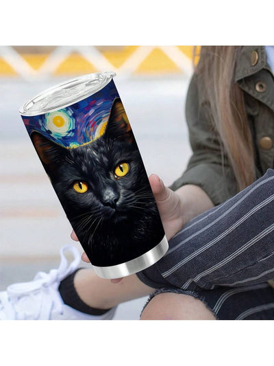 Starry Sky Cat Insulated Stainless Steel Tumbler: Leak Proof Water Cup with Straw for Sports and Fitness