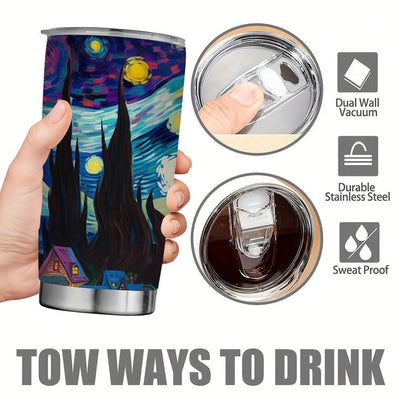 Starry Sky Cat Insulated Stainless Steel Tumbler: Leak Proof Water Cup with Straw for Sports and Fitness