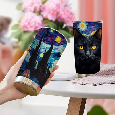 Starry Sky Cat Insulated Stainless Steel Tumbler: Leak Proof Water Cup with Straw for Sports and Fitness