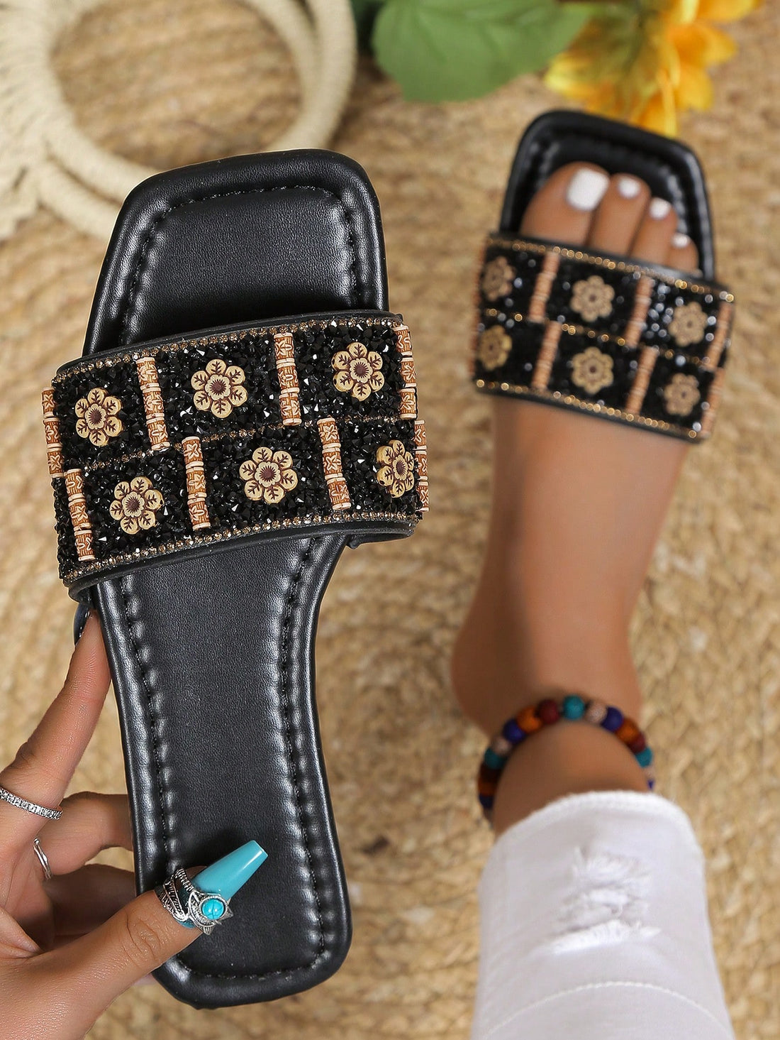 Upgrade your summer footwear game with the Glamorous Floral Totem Square Toe <a href="https://canaryhouze.com/collections/women-canvas-shoes?sort_by=created-descending" target="_blank" rel="noopener">Sandals</a>. Made for stylish comfort, these sandals feature a unique floral totem design and a square toe for a trendy touch. Perfect for any occasion, experience the ultimate blend of fashion and comfort.