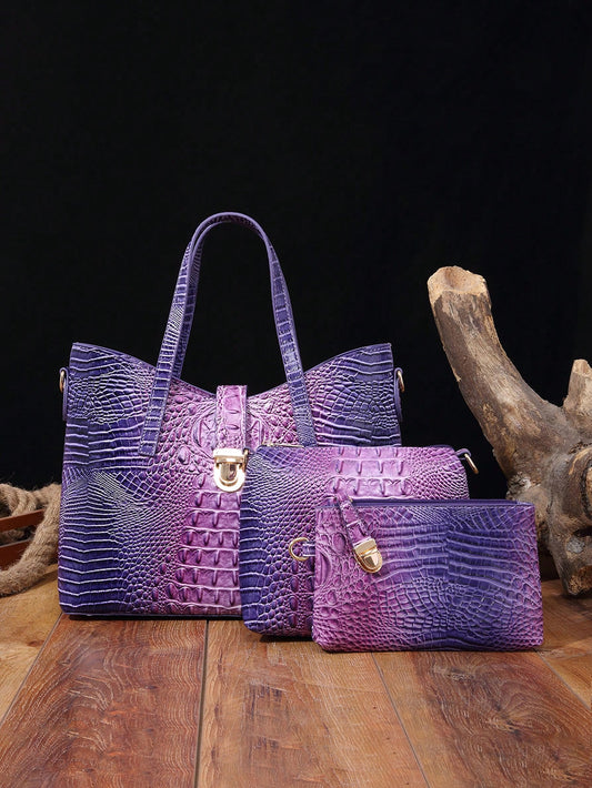 This stylish and spacious tote bag combo features a unique purple crocodile pattern, making it a fashionable accessory. With ample room for all your essentials, this bag is perfect for 2024 and beyond. Stay on-trend and organized with this must-have addition to your wardrobe.