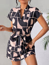 Chic and Sophisticated: Striped Print Notched Neckline Batwing Sleeve Belted Dress