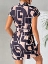 Chic and Sophisticated: Striped Print Notched Neckline Batwing Sleeve Belted Dress