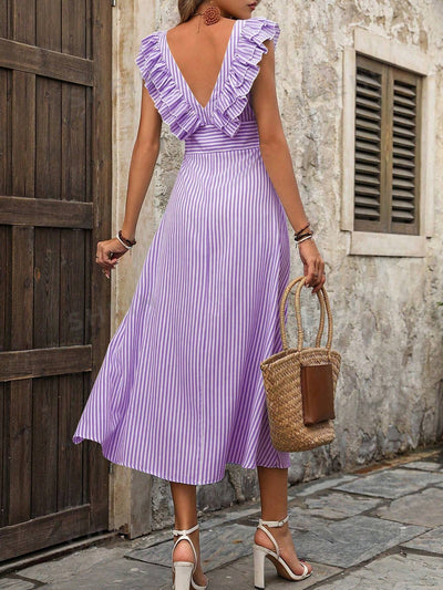 Chic and Stylish: Women's V-Neck Striped Summer Dress with Belted Waistline