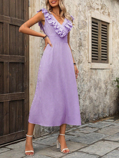 Chic and Stylish: Women's V-Neck Striped Summer Dress with Belted Waistline