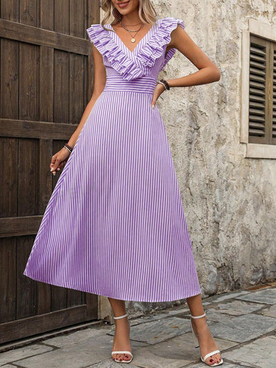 Chic and Stylish: Women's V-Neck Striped Summer Dress with Belted Waistline