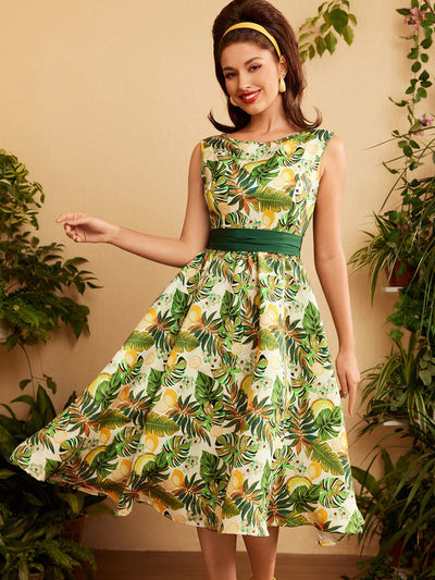 Vintage Rose Dream: Elegant Printed Dress with Bow Belt and Umbrella Skirt