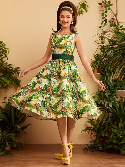 Vintage Rose Dream: Elegant Printed Dress with Bow Belt and Umbrella Skirt