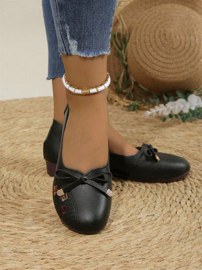 Bow-Embroidered Flower Square-Toed Slouchy Shoes: Comfortable and Stylish Casual Slip-Ons