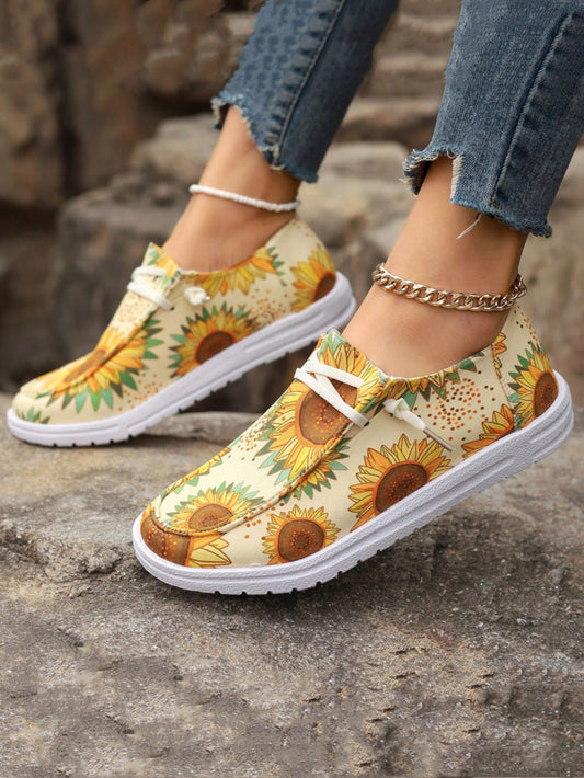 Elevate your athletic style with our Chic Champagne Sunflower Pattern Sports <a href="https://canaryhouze.com/collections/women-canvas-shoes?sort_by=created-descending" target="_blank" rel="noopener">Shoes</a>. Designed with an irregular lacing system and adorned with a beautiful sunflower pattern, these shoes offer both fashion and function. Stay comfortable and stylish with every step.