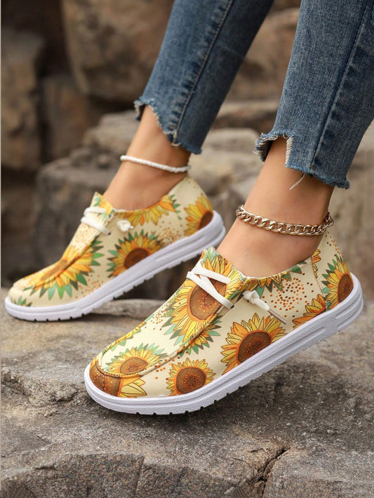 Chic Champagne Sunflower Pattern Sports Shoes with Irregular Lacing for Women