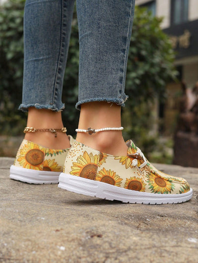 Chic Champagne Sunflower Pattern Sports Shoes with Irregular Lacing for Women