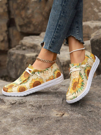 Chic Champagne Sunflower Pattern Sports Shoes with Irregular Lacing for Women