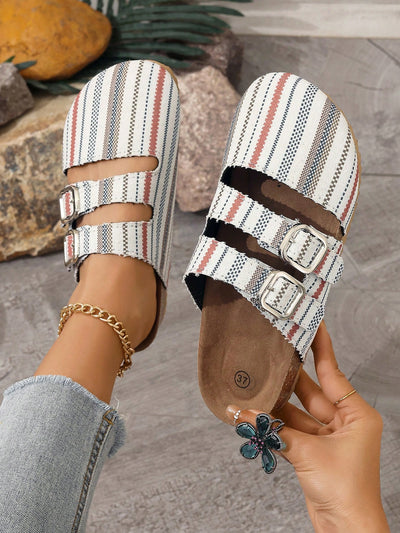 Step up Your Style Game with Square Buckle Striped Women's Flat Shoes