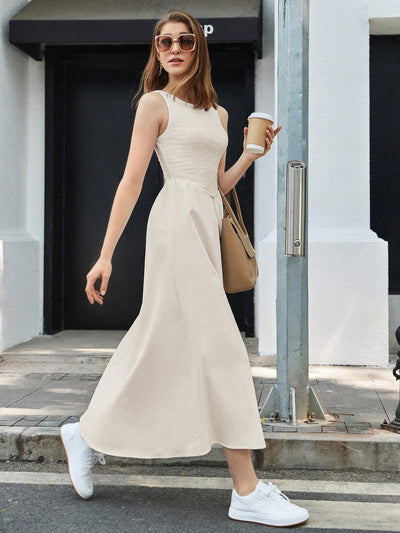 Chic Summer Textured Waist-Cinched Sleeveless Dress for Effortless Outdoor Style