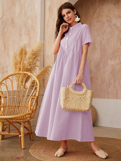 Effortless Elegance:  Purple Stand Collar Short Sleeve Long Dress - Perfect for Your Vacation