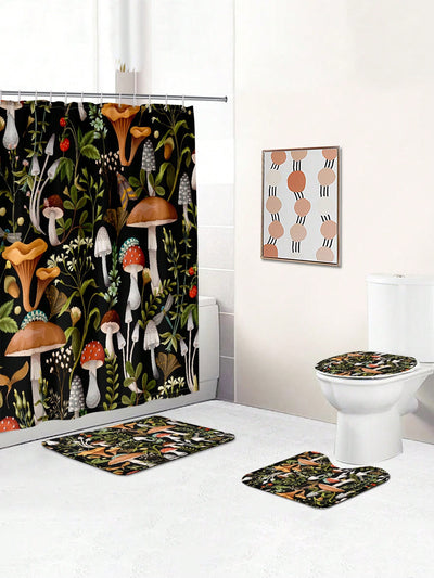 Bohemian Mushroom Bathroom Set: Shower Curtain, Bath Mat, and Toilet Cover