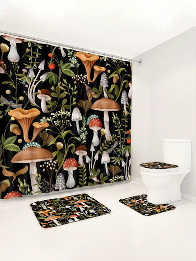 Bohemian Mushroom Bathroom Set: Shower Curtain, Bath Mat, and Toilet Cover