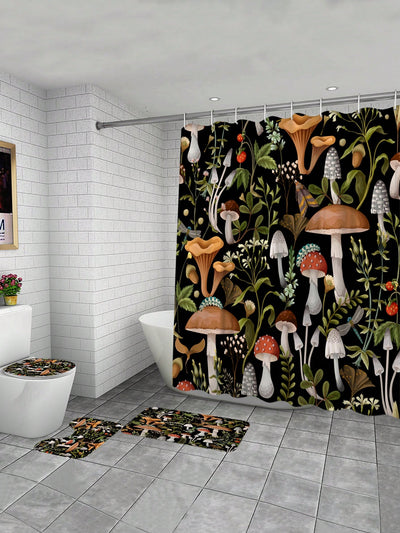 Bohemian Mushroom Bathroom Set: Shower Curtain, Bath Mat, and Toilet Cover