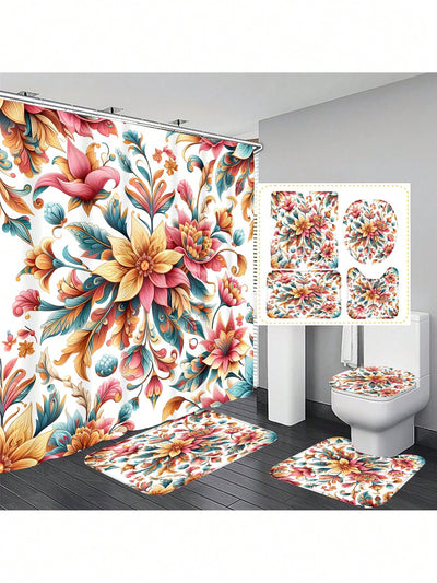 Bohemian Mushroom Bathroom Set: Shower Curtain, Bath Mat, and Toilet Cover