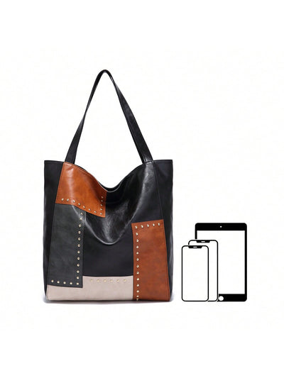 Retro Chic Patchwork Tote: Colorblock Shoulder Bag Handbag