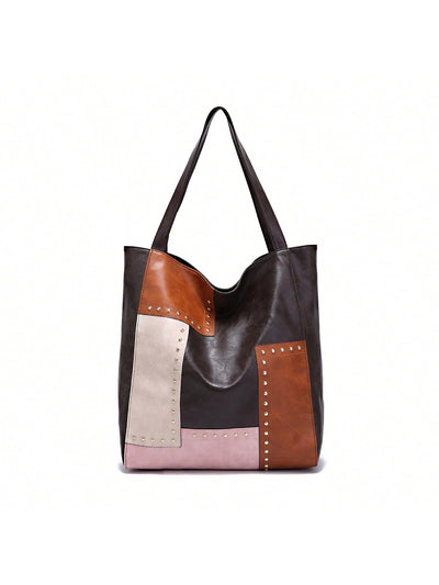 Retro Chic Patchwork Tote: Colorblock Shoulder Bag Handbag