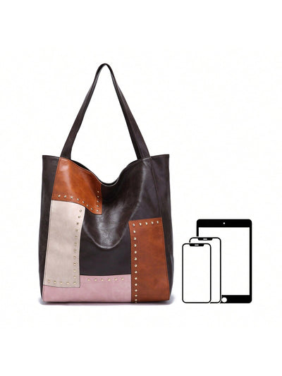 Retro Chic Patchwork Tote: Colorblock Shoulder Bag Handbag