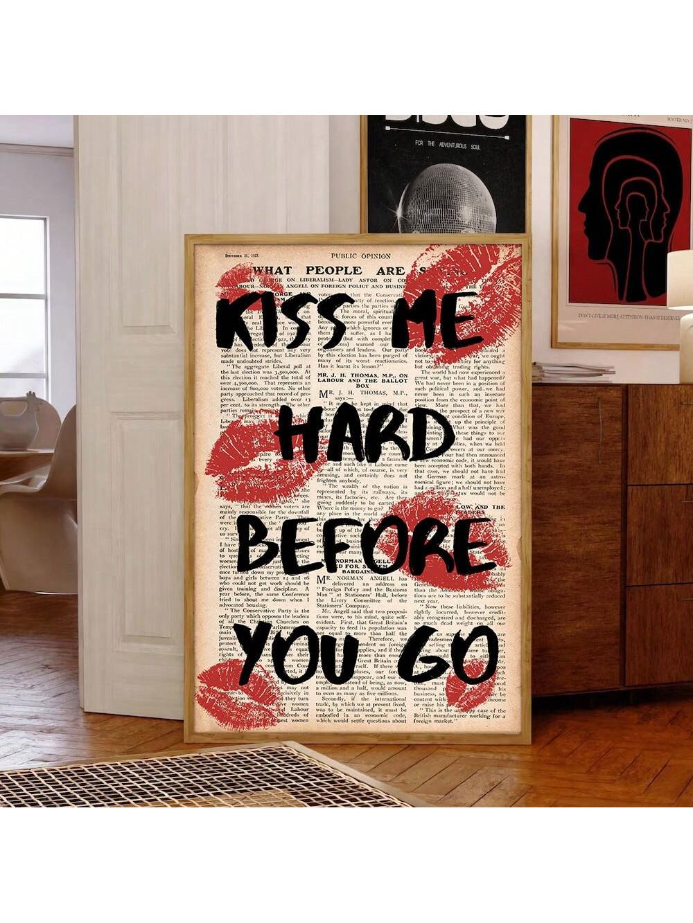 Add some romance and nostalgia to your decor with our Romantic Retro Lips: Vintage Newspaper Wall Poster. This stunning piece features vintage newspaper print and a bold, vintage-inspired lips graphic. Made with high-quality materials, this wall poster adds a touch of charm to any space.