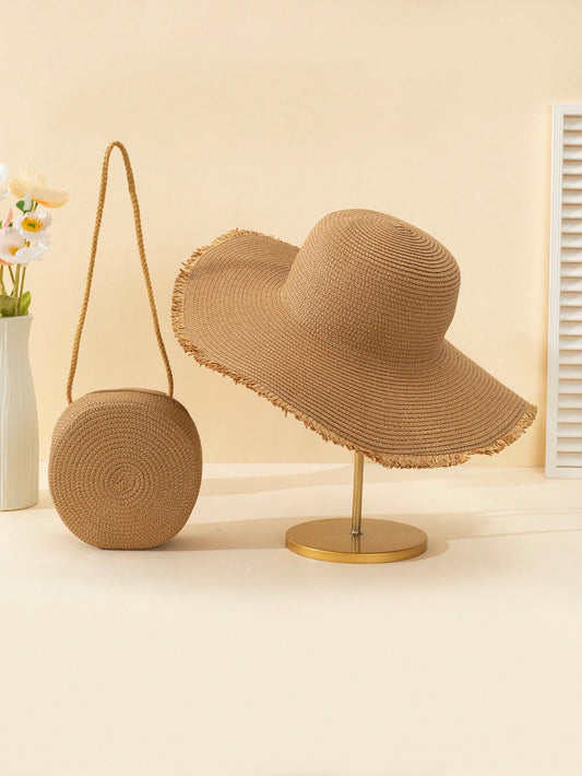 Stay stylish and organized while traveling with our Wave Print Sun Hat and Woven Shoulder Bag Set. The sun hat provides UV protection and the spacious shoulder bag holds your essentials. Perfect for any adventure, these companions will keep you fashionably protected.