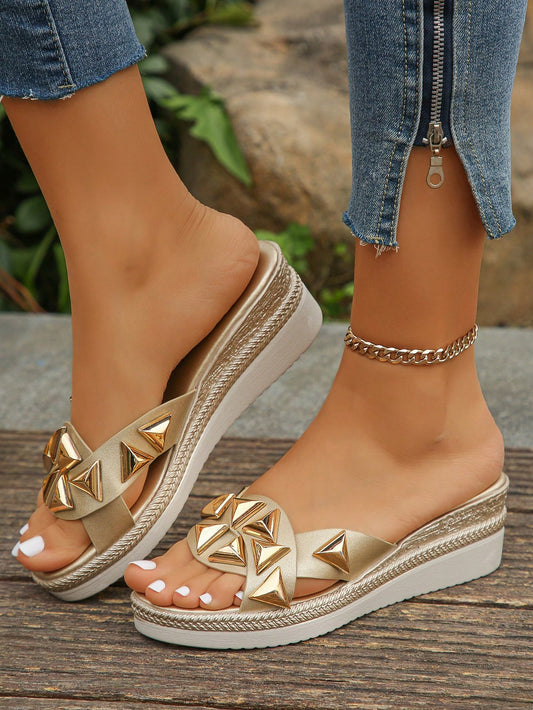 Golden Glamour: Stylish Middle-Aged Women's Wedge Heel Platform Sandals